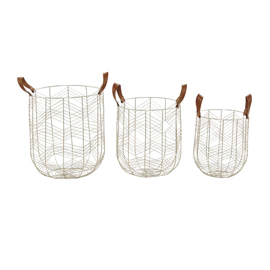 CosmoLiving by Cosmopolitan Silver Metal Storage Basket with Faux Leather Handles Set of 3 16", 14